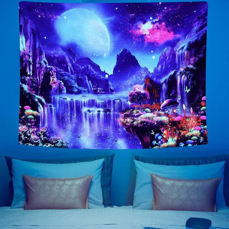 Fluorescent Tapestry, 1 Piece Waterfall Scenery Tapestry, Wall Hanging Tapestry for Living Room Bedroom Dorm Room Decor, Party Supplies