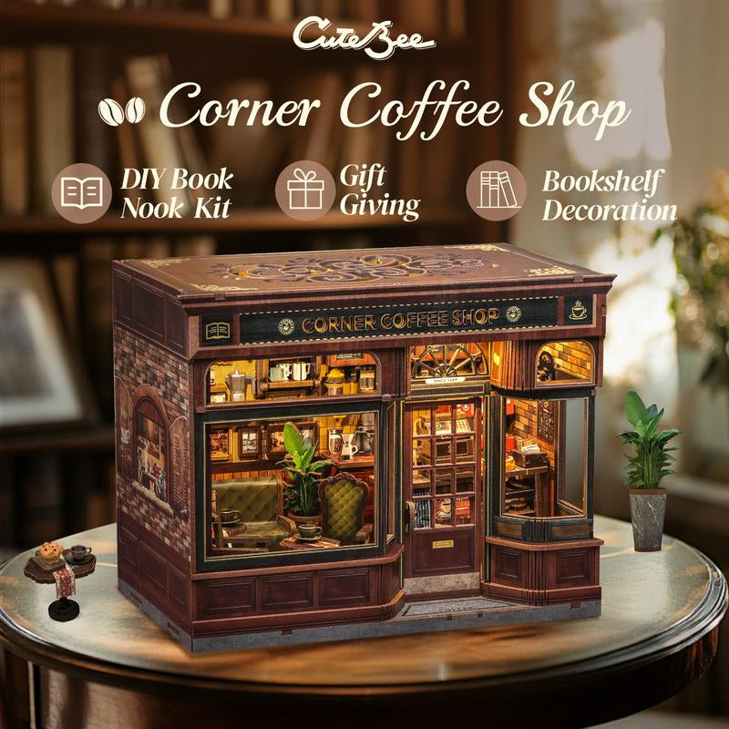 CUTEBEE CORNER COFFEE SHOP DIY Wooden Dollhouse Handmade Miniature Room with Furniture & Dust Cover Perfect Black Friday Christmas Gift
