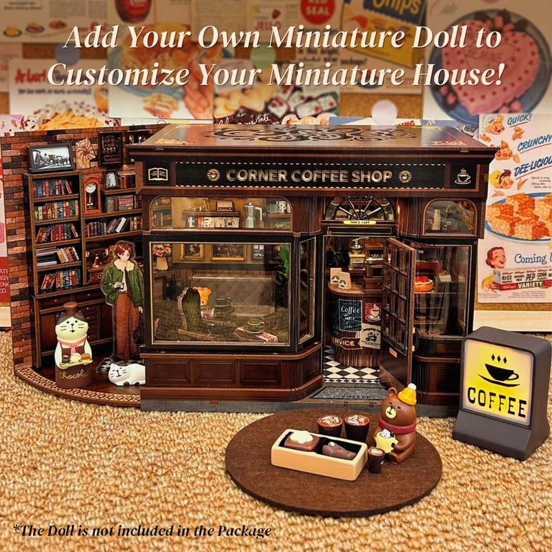CUTEBEE CORNER COFFEE SHOP DIY Wooden Dollhouse Handmade Miniature Room with Furniture & Dust Cover Perfect Black Friday Christmas Gift
