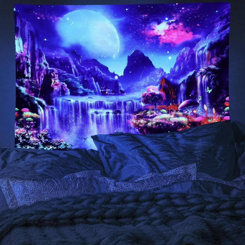 Fluorescent Tapestry, 1 Piece Waterfall Scenery Tapestry, Wall Hanging Tapestry for Living Room Bedroom Dorm Room Decor, Party Supplies