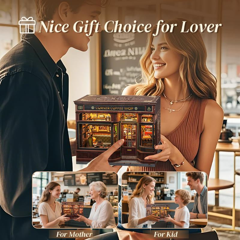 CUTEBEE CORNER COFFEE SHOP DIY Wooden Dollhouse Handmade Miniature Room with Furniture & Dust Cover Perfect Black Friday Christmas Gift