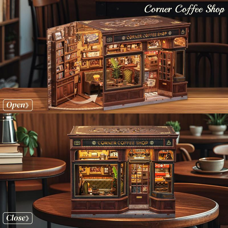 CUTEBEE CORNER COFFEE SHOP DIY Wooden Dollhouse Handmade Miniature Room with Furniture & Dust Cover Perfect Black Friday Christmas Gift